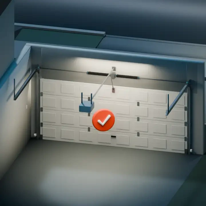 Illustration: the garage door closed and sitting level, the opener light on and a check mark in front of it