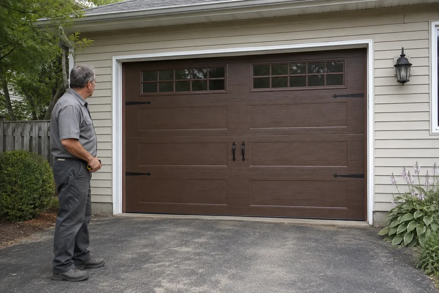 A person stands beside a closed brown garage door with upper windows and black decorative straps and handles. — Carriage-House Garage Door Installation, Lincoln