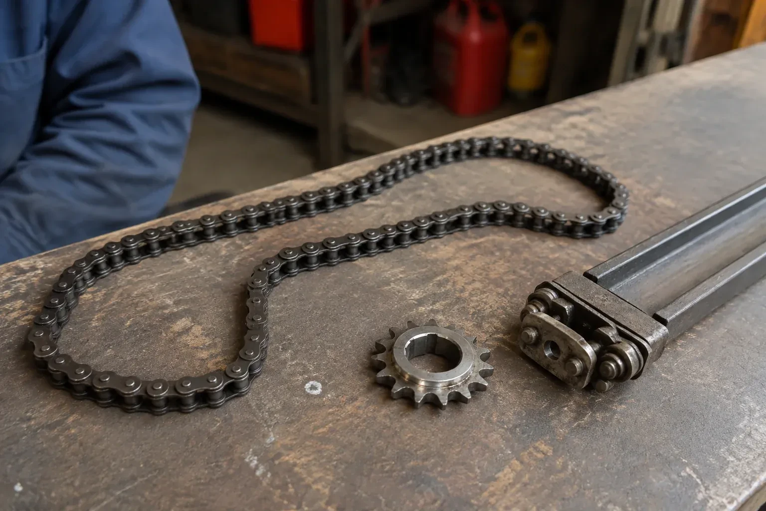 A detached metal roller chain, toothed sprocket and rail component rest on a worn garage workbench. — Chain-Drive Opener Repair, Lincoln