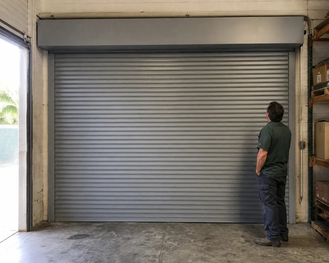 A person examines a closed metal rolling door with narrow horizontal slats, side guides and an overhead hood in a warehouse. — Commercial Rolling Door Repair, Lincoln