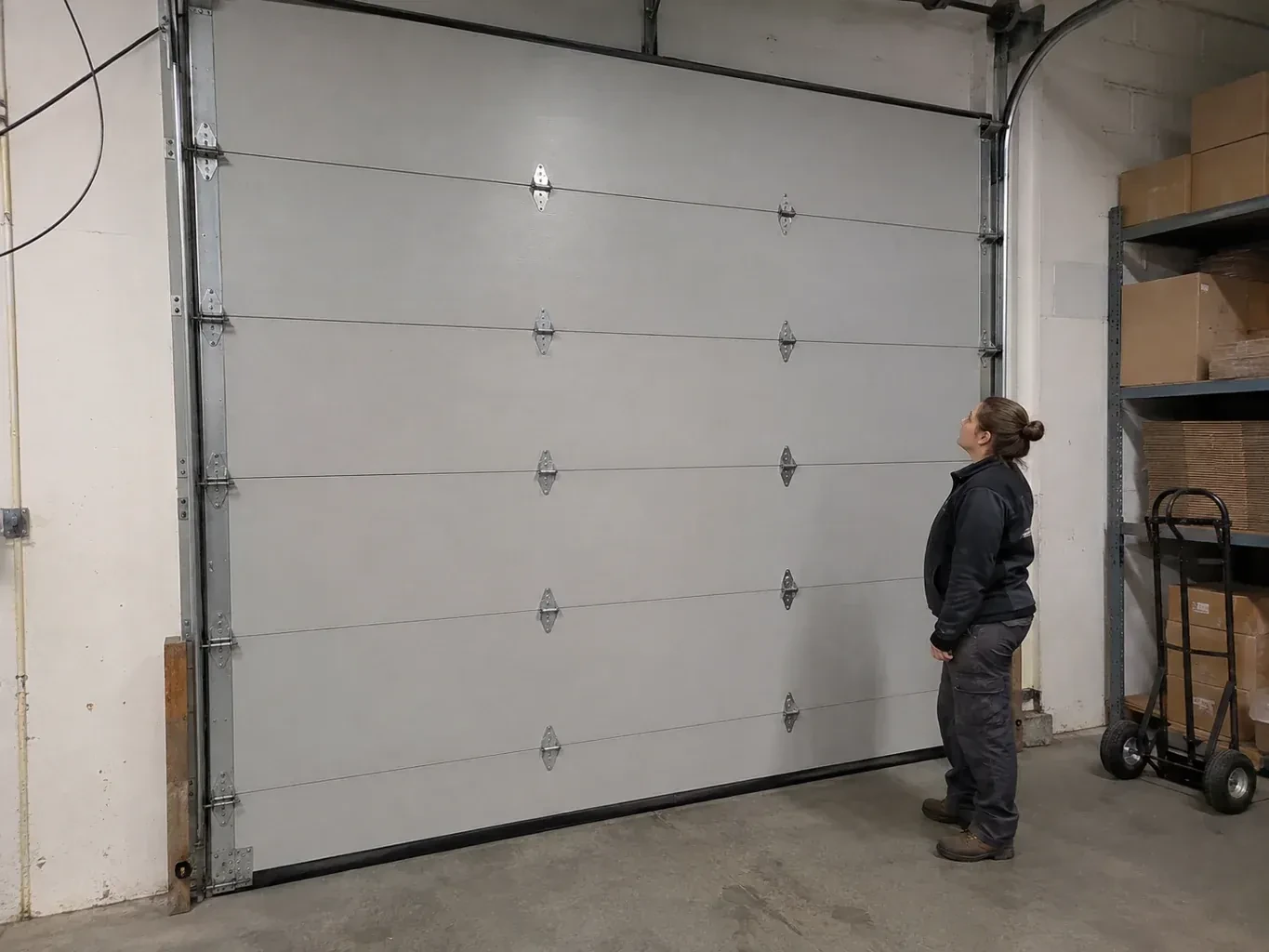 A person looks at a tall closed sectional door with broad panels, hinges and side tracks in a warehouse. — Commercial Sectional Door Repair, Lincoln