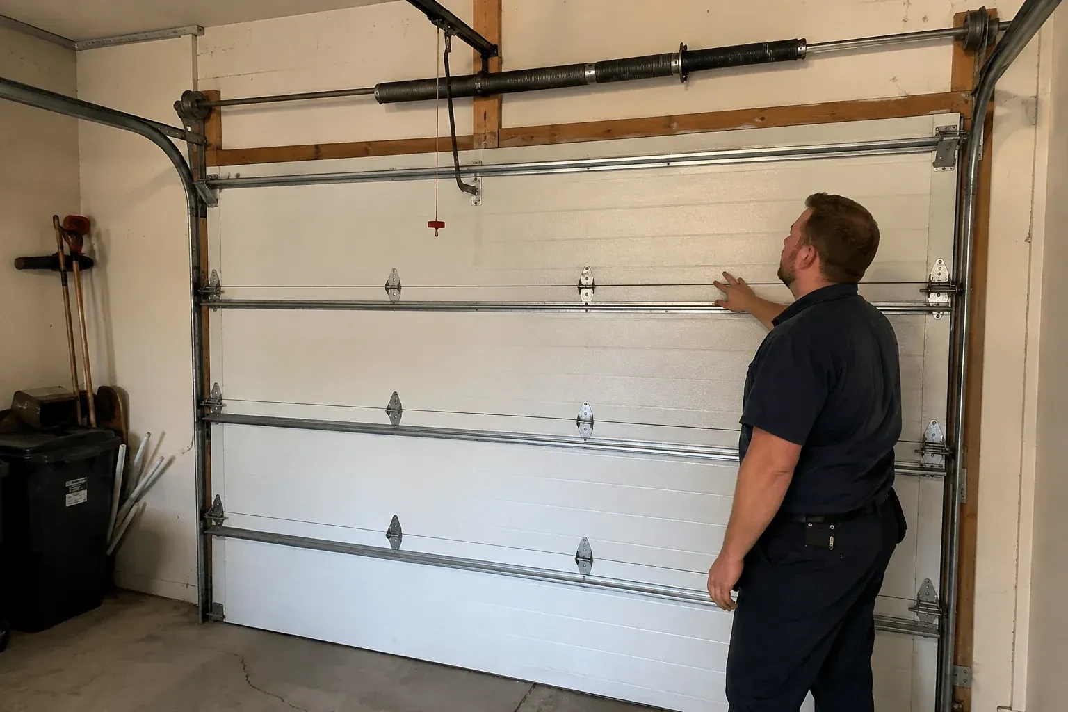 A person stands beside a closed sectional door beneath its overhead spring assembly. — Garage Door Balance Adjustment, Lincoln