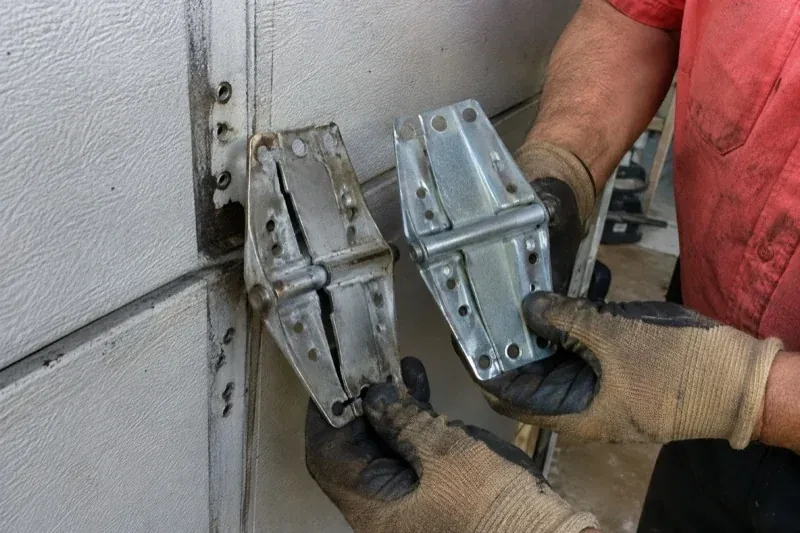 Gloved hands holding two metal garage-door hinges side by side, one discolored with a visible crack and the other bright silver. — Garage Door Hinge Replacement, Lincoln