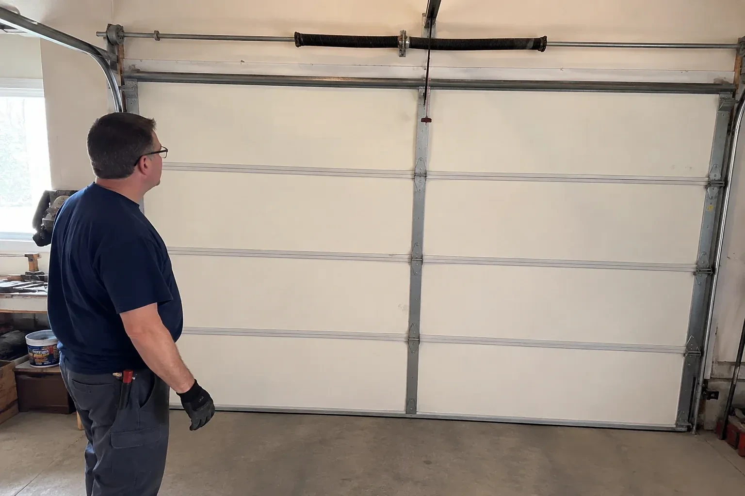 Illustrative garage doors scene; not an actual job — Off-Track Garage Door Reset, Lincoln