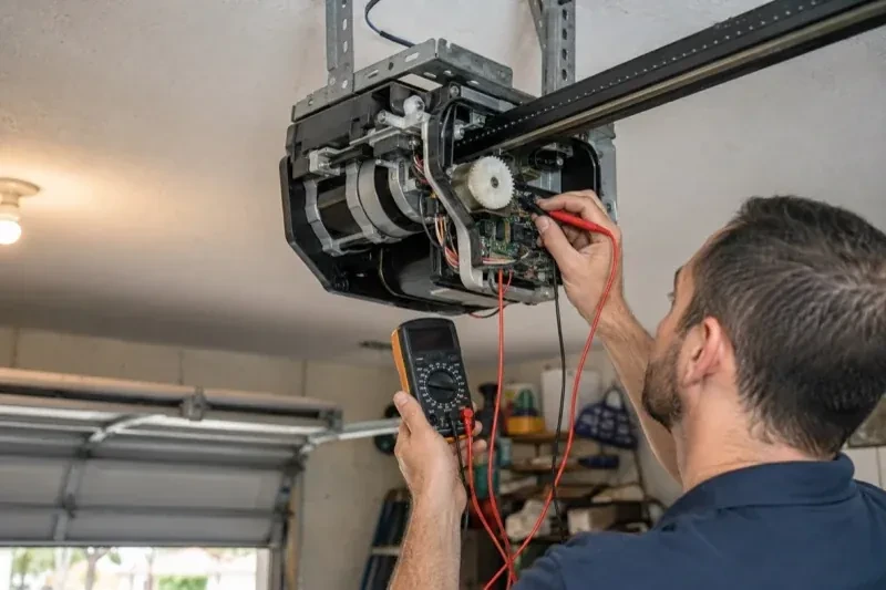 Person holding a multimeter and a red probe near the exposed circuit board of an overhead garage-door opener. — Garage Door Opener Diagnosis and Repair, Lincoln