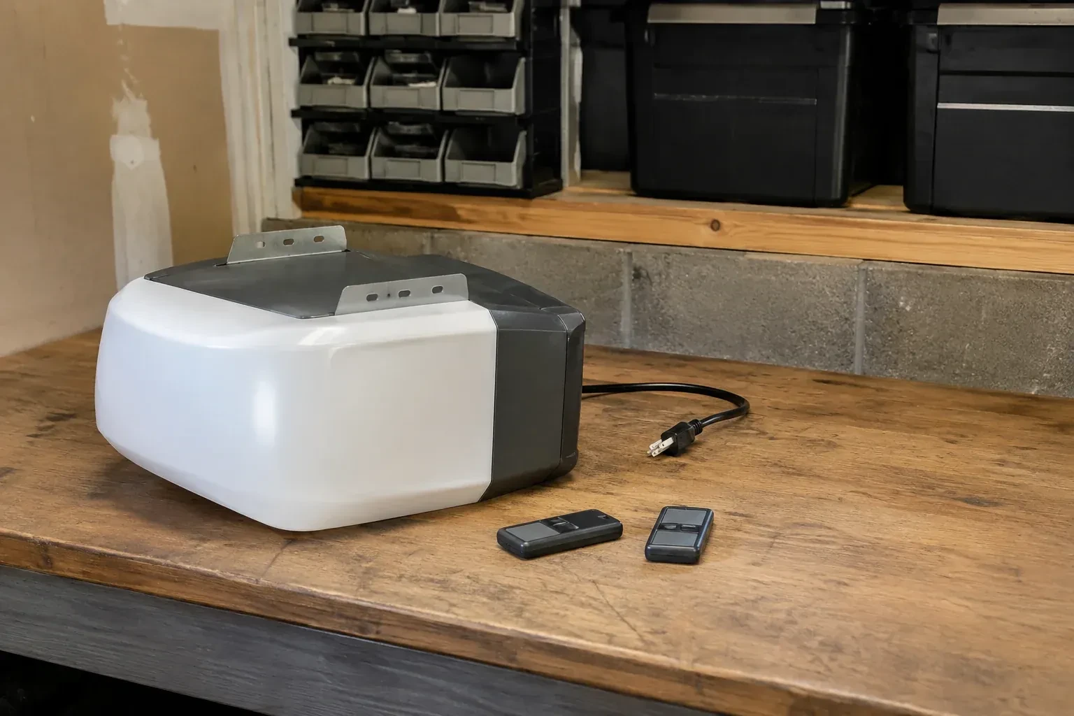 Detached opener housing and two remotes on a garage bench. — Garage Door Opener Replacement, Lincoln