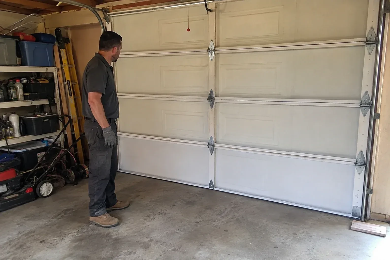 A person examines the interior panels and hinges of a closed sectional garage door. — Garage Door Panel Replacement, Lincoln