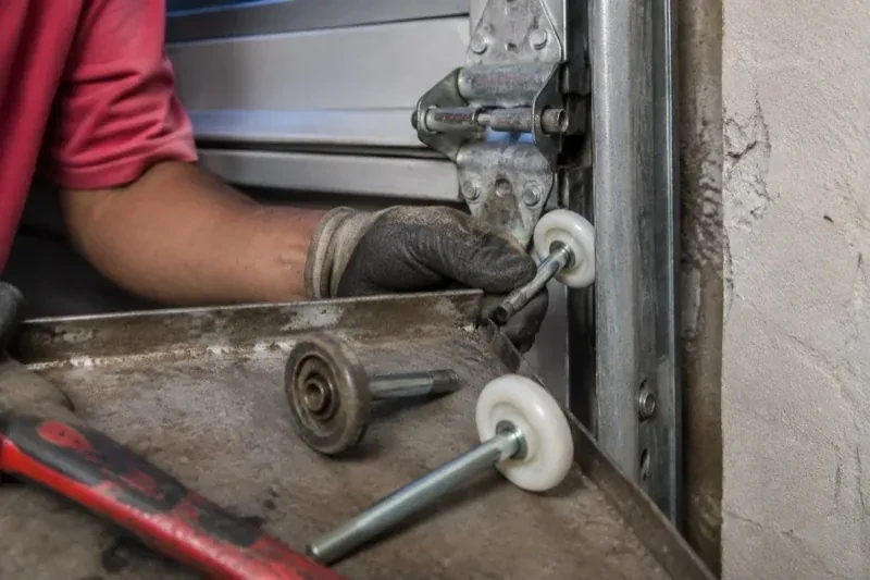 Gloved hand holding a white garage-door roller beside its track, with two loose rollers and a red tool on a tray. — Garage Door Roller Replacement, Lincoln