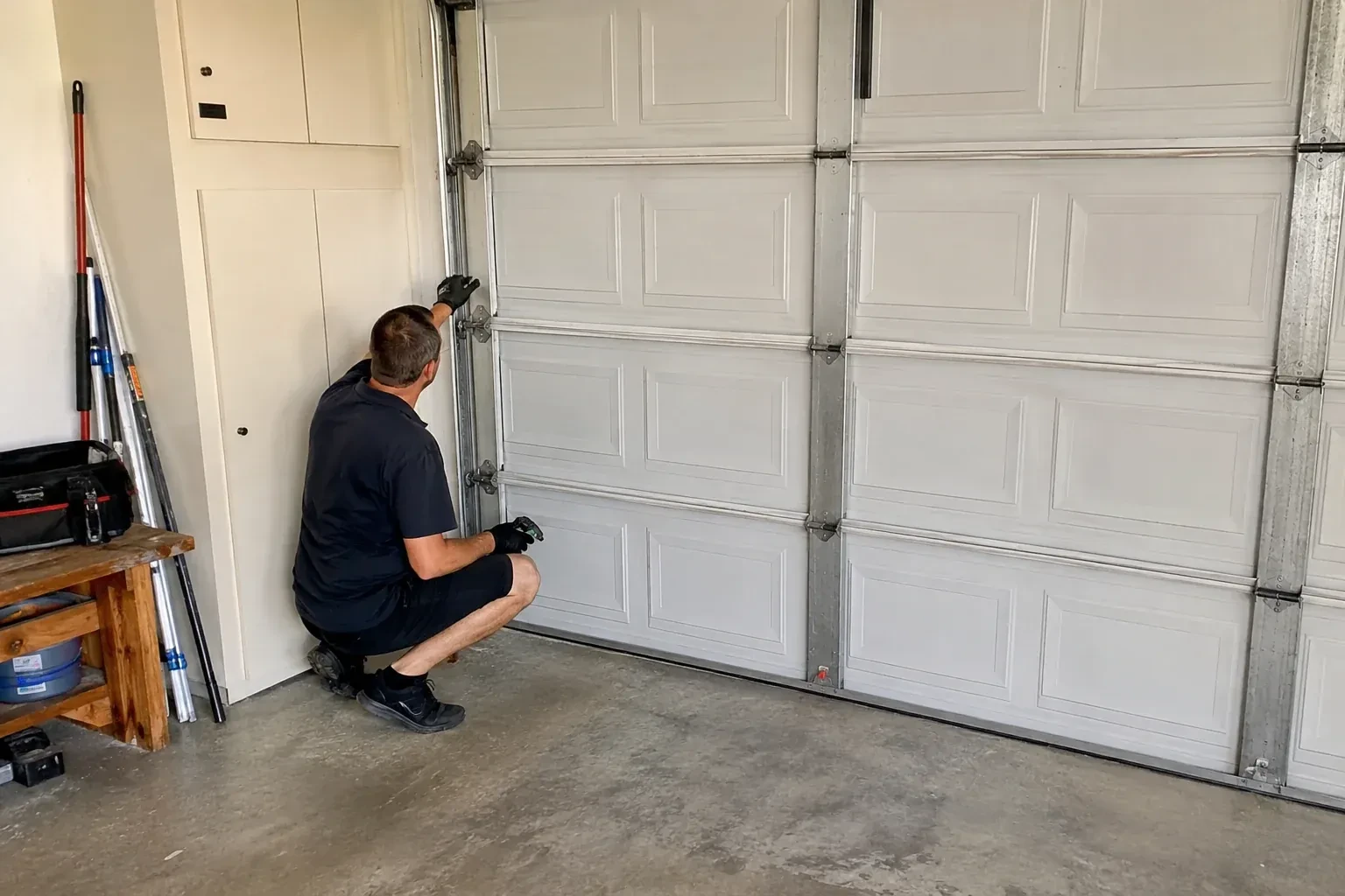 A person kneels beside the side track and hinges of a closed sectional garage door. — Garage Door Safety Inspection, Lincoln