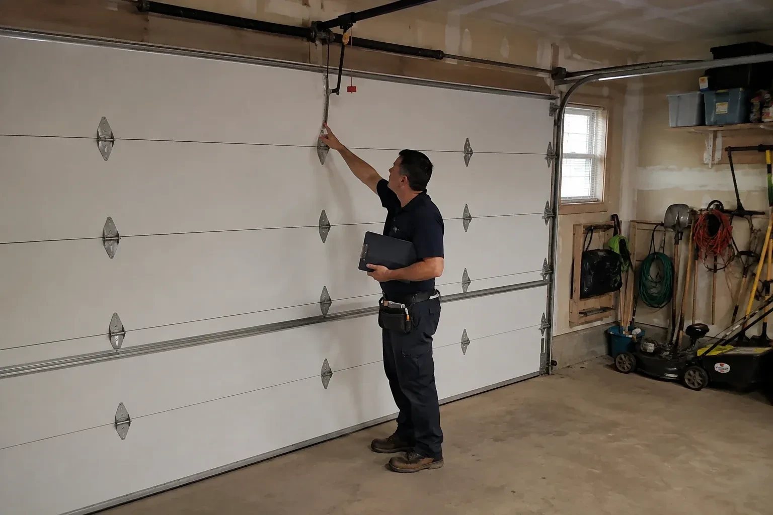 A person holding a clipboard examines the interior hardware of a closed garage door. — Garage Door Tune-Up, Lincoln