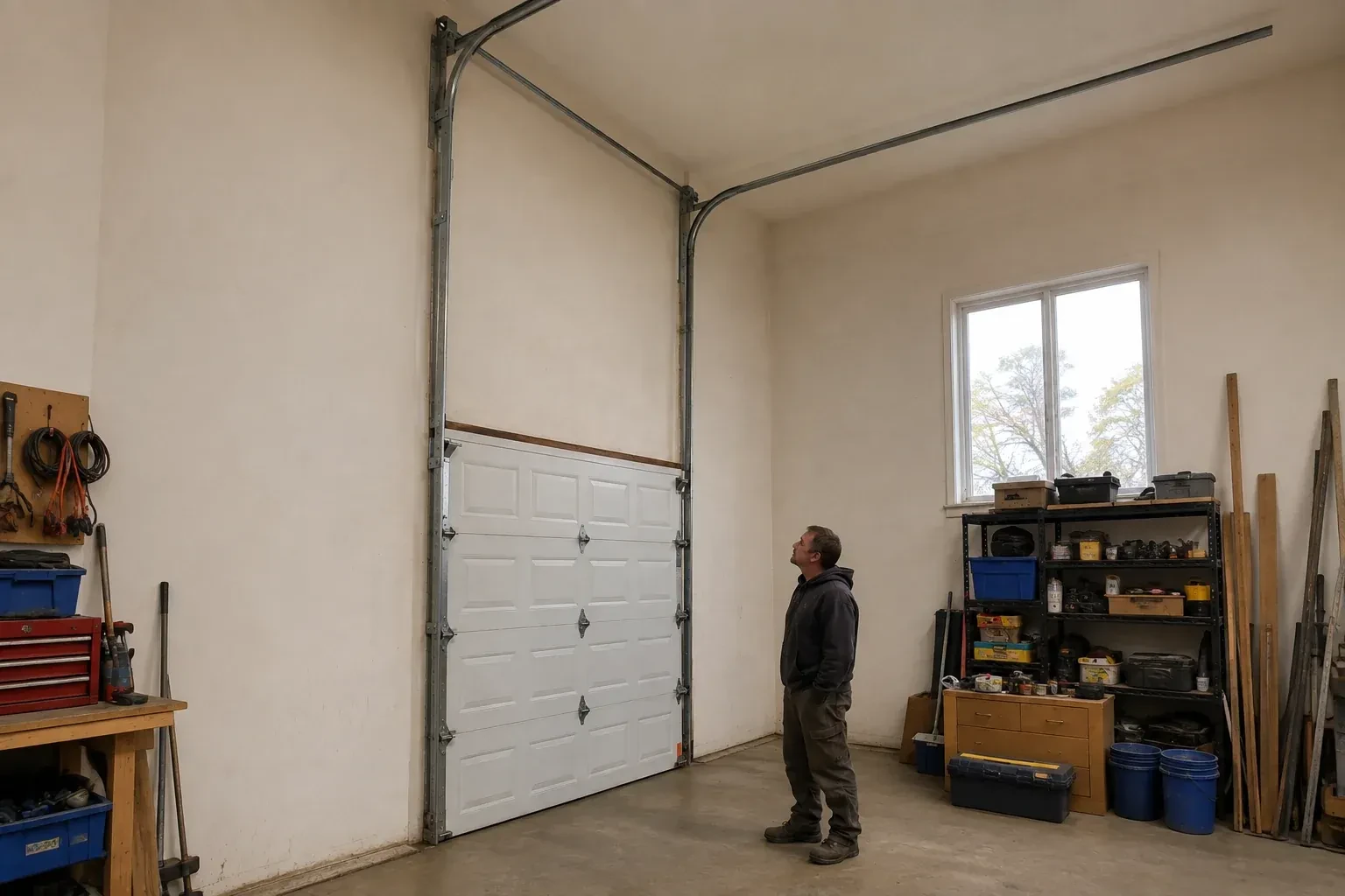 Vertical tracks extend above a closed garage door before curving near a high ceiling, while a person looks upward. — High-Lift Garage Door Conversion, Lincoln