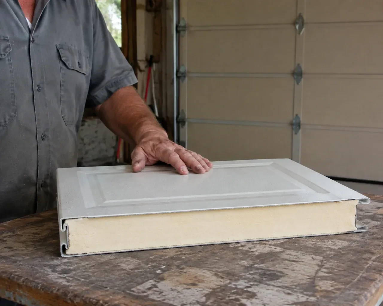 A panel sample exposes a cream foam core between thin metal faces on a garage workbench. — Insulated Steel Garage Door Installation, Lincoln