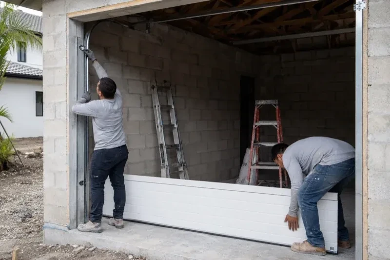 Two people positioning a white garage-door panel and side track in an unfinished masonry garage. — New-Construction Garage Door Installation, Lincoln