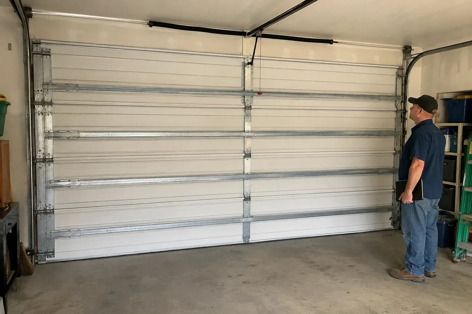 A person examines horizontal metal reinforcement members across the interior of a closed garage door. — Wind-Rated Garage Door Replacement, Lincoln